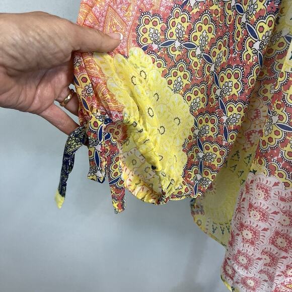JM Collection Blouse Tunic size Large Pink Yellow Paisley Sheer Necklace Peasant - Picture 4 of 8